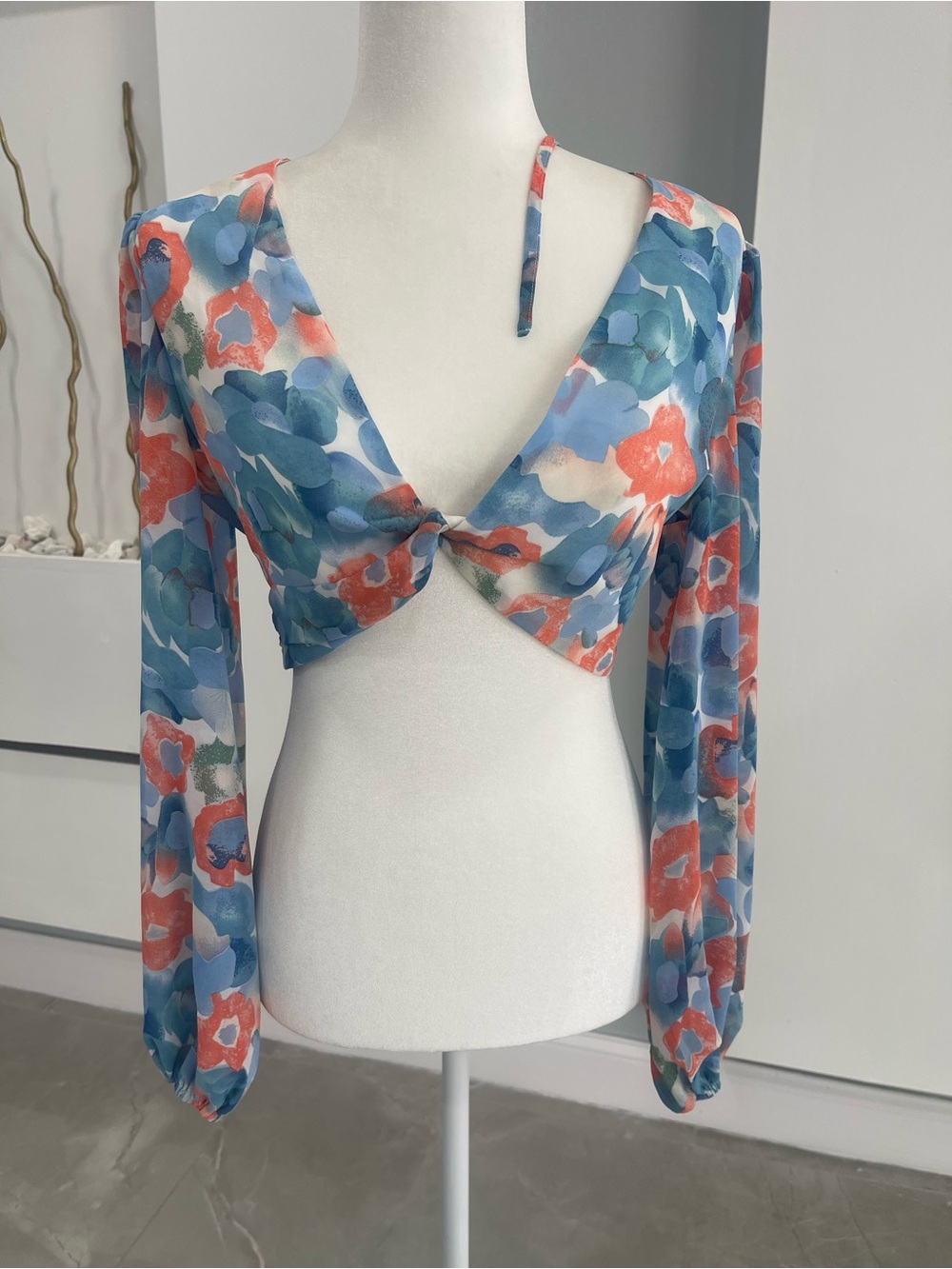 Luxxel Floral Twist Crop Top - Blue & Coral